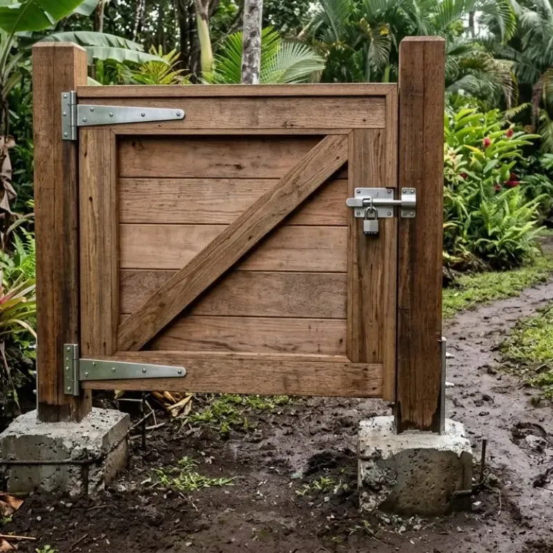 Hawaii residential gate with deep footings and stainless steel hardware for durability against salt air and heavy rain