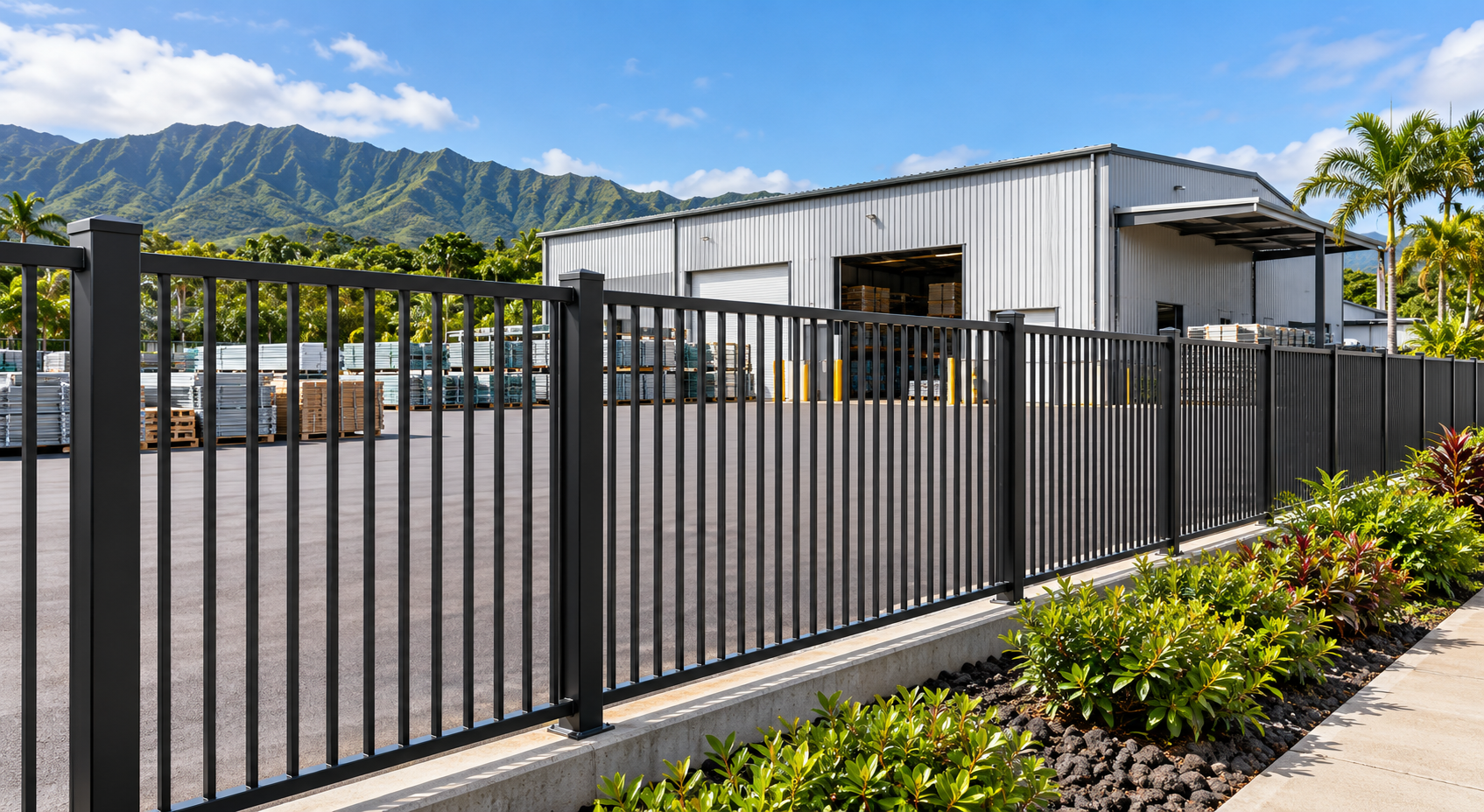 Dark aluminum perimeter fencing encloses an orderly warehouse yard with tropical landscaping.
