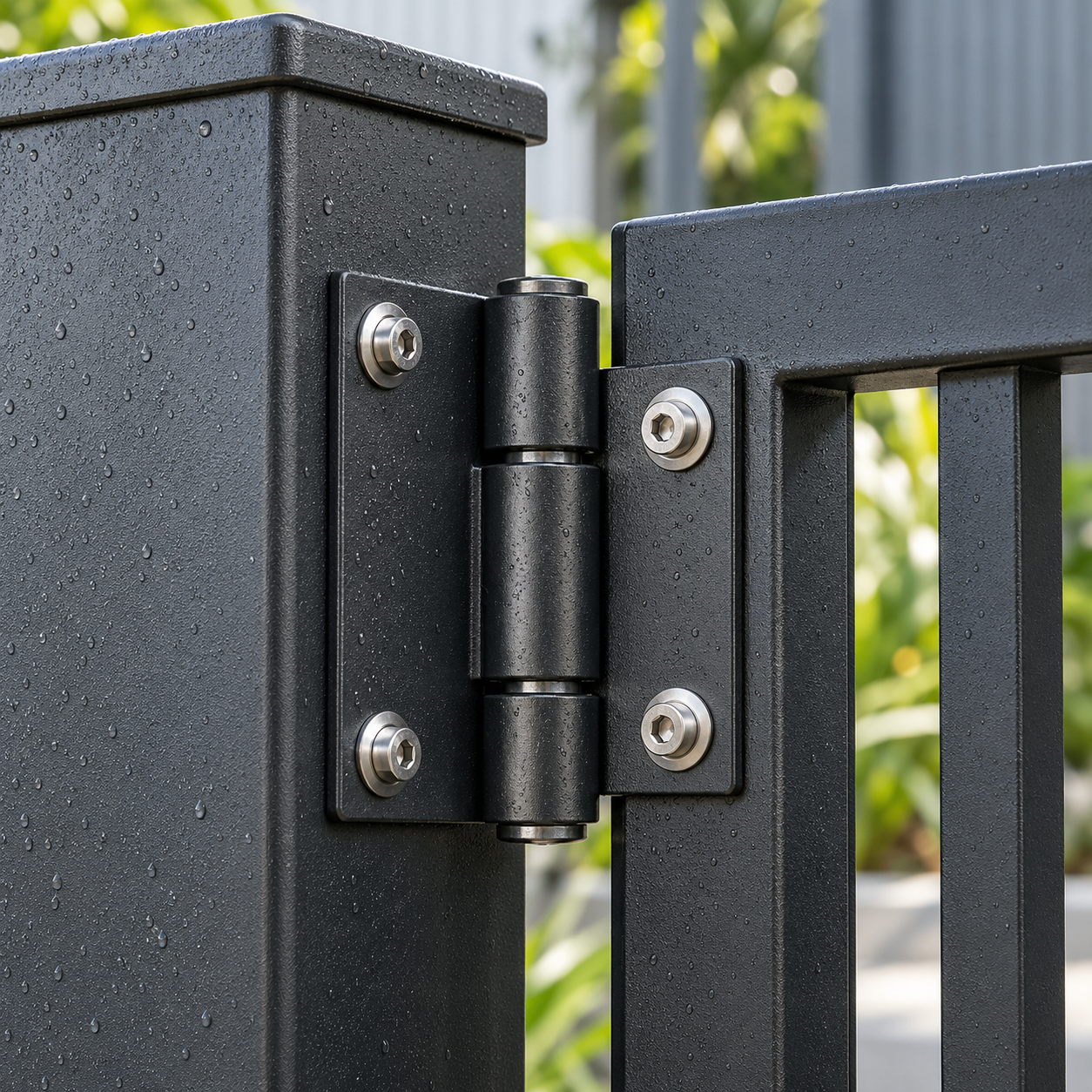 Close-up of a coated gate hinge and metal fasteners, with water droplets on the dark frame and post.