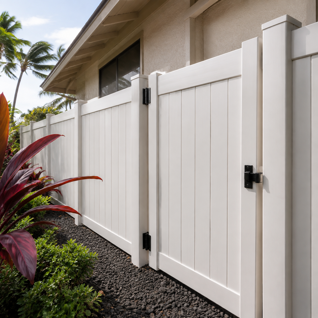A heavy-duty vinyl privacy fence with reinforced posts at a Hawaii home.
