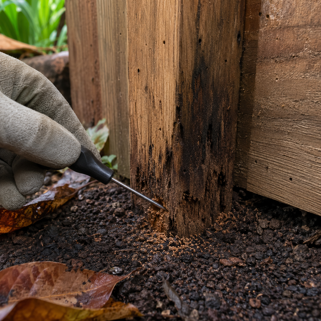 Gloved hand checks soft, termite-damaged wood at the base of a Hawaii fence post