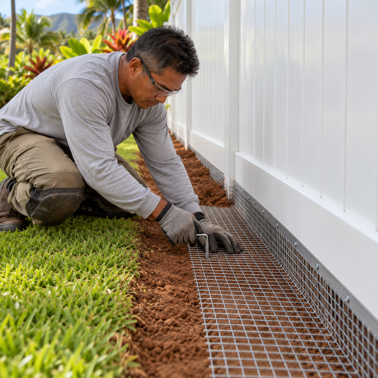 Worker secures an inward-facing wire mesh apron along a vinyl fence base to discourage digging.