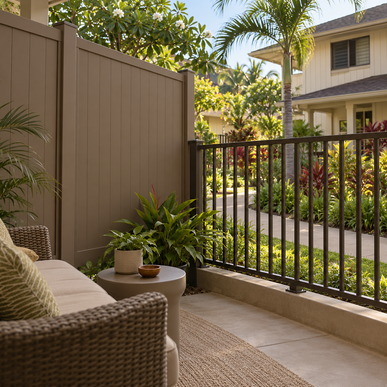 A solid side panel screens lanai seating while open pickets preserve views toward the shared walkway.