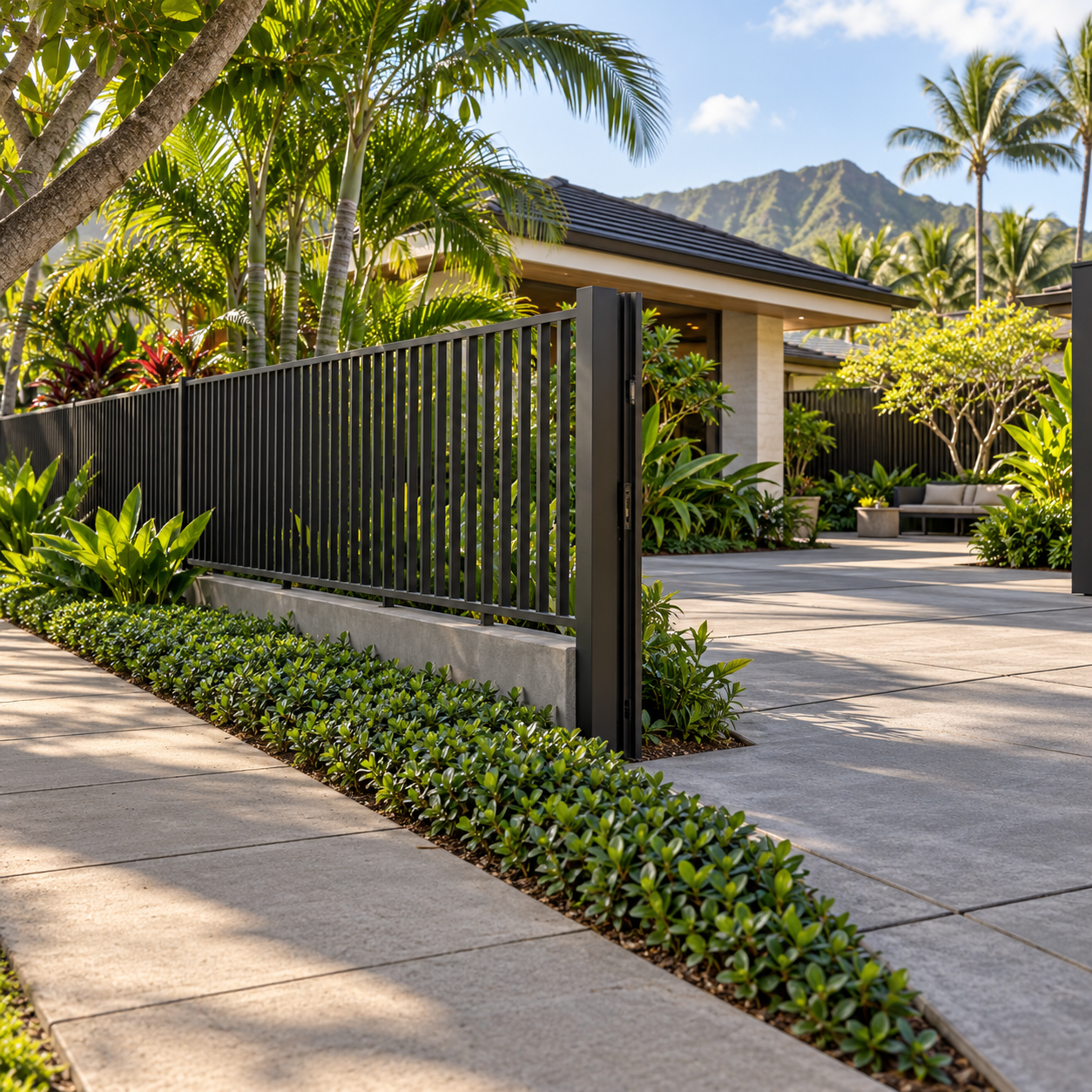 Open aluminum fencing and low planting border a driveway, with privacy screening farther inside the property.