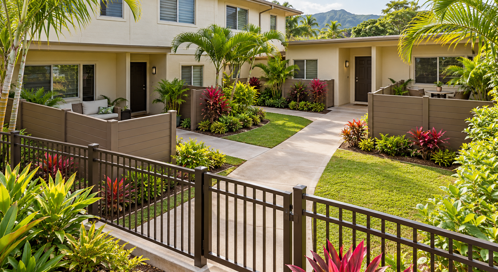 Privacy panels screen individual lanais while open aluminum fencing borders a shared courtyard.