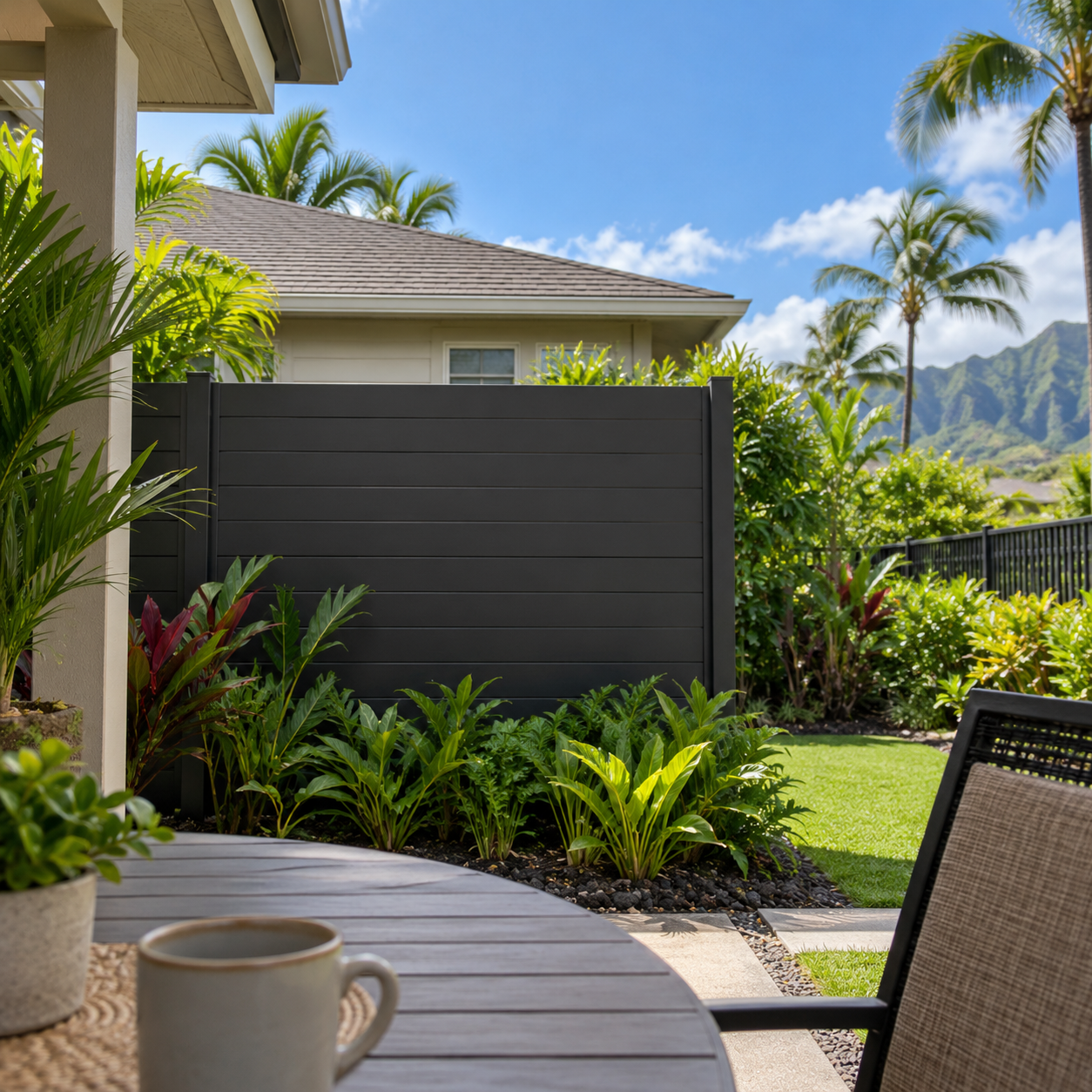 A seated view from an outdoor table shows a short privacy screen with an open garden view beside it.