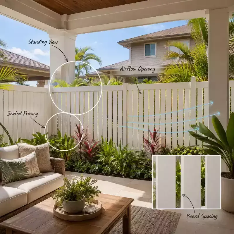 Person in a sun hat standing by a gray fence on a tropical patio with ocean views and palm trees
