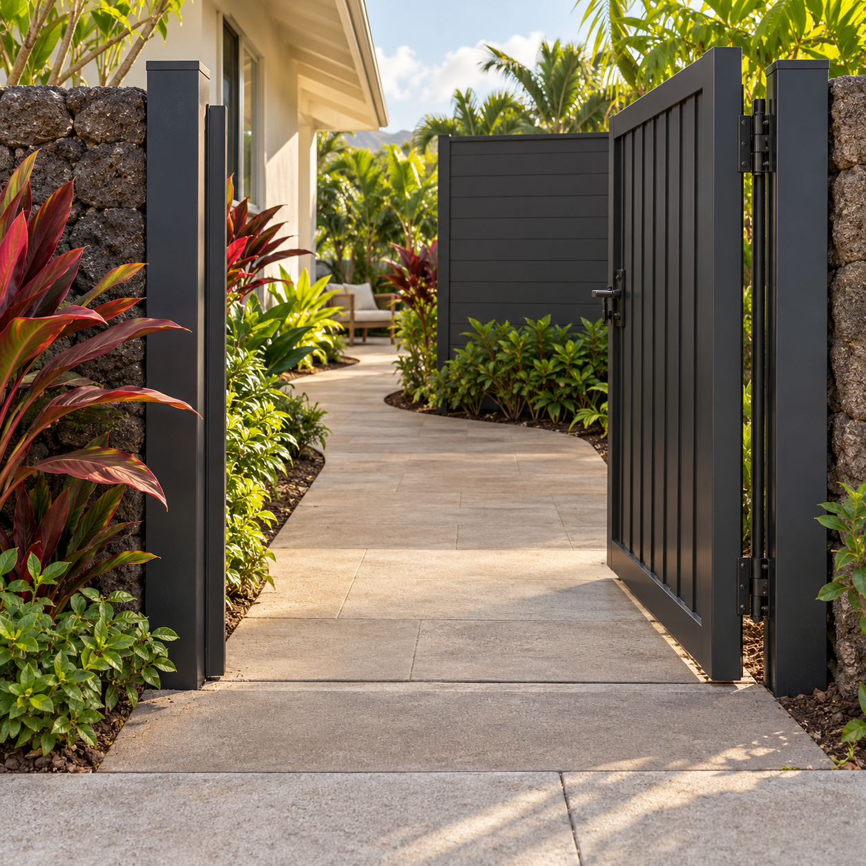 An open aluminum gate leads to a clear garden path that bends around an interior privacy screen.