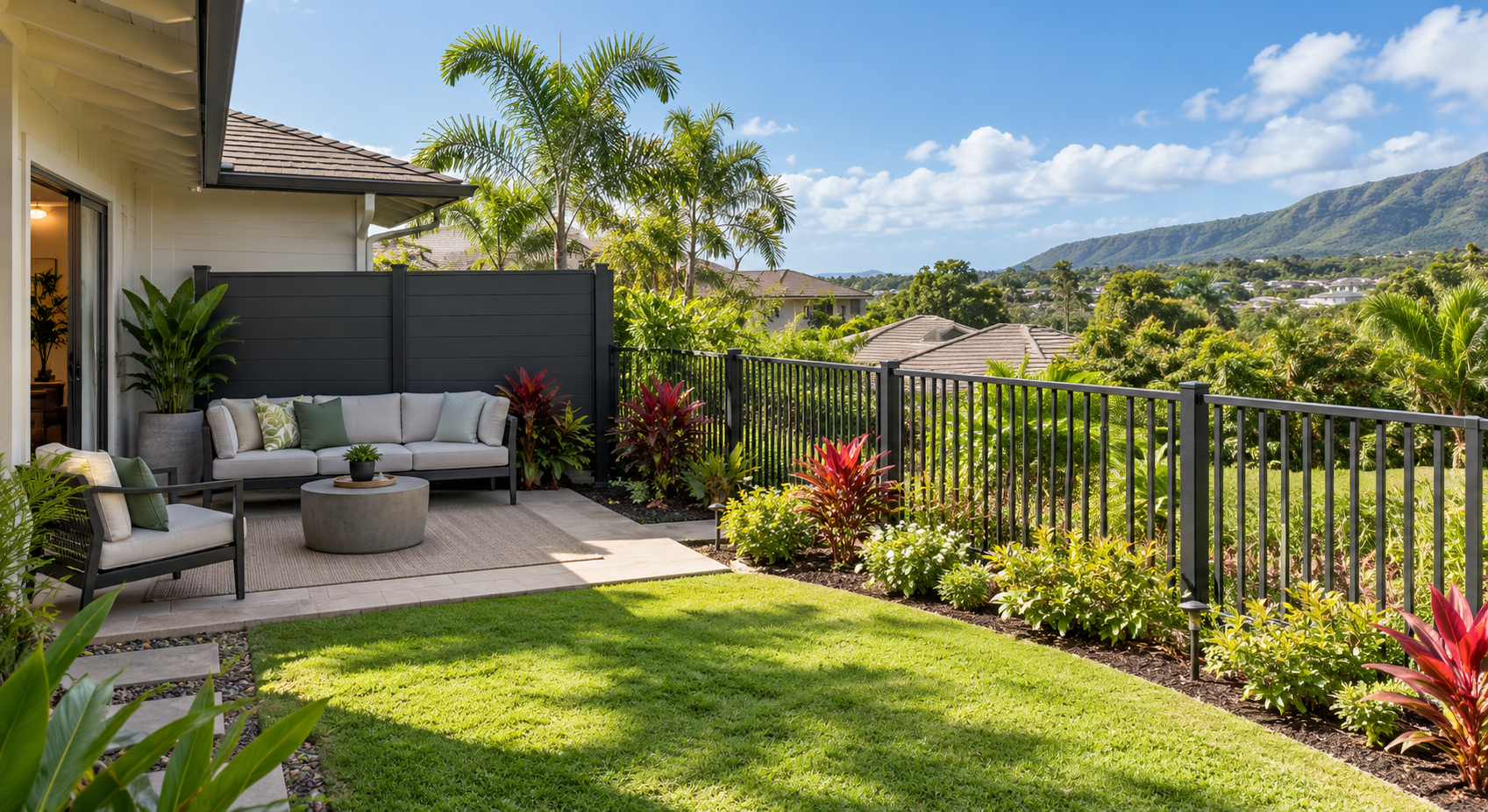 A privacy screen shelters an Oahu seating nook while open aluminum fencing preserves the garden.