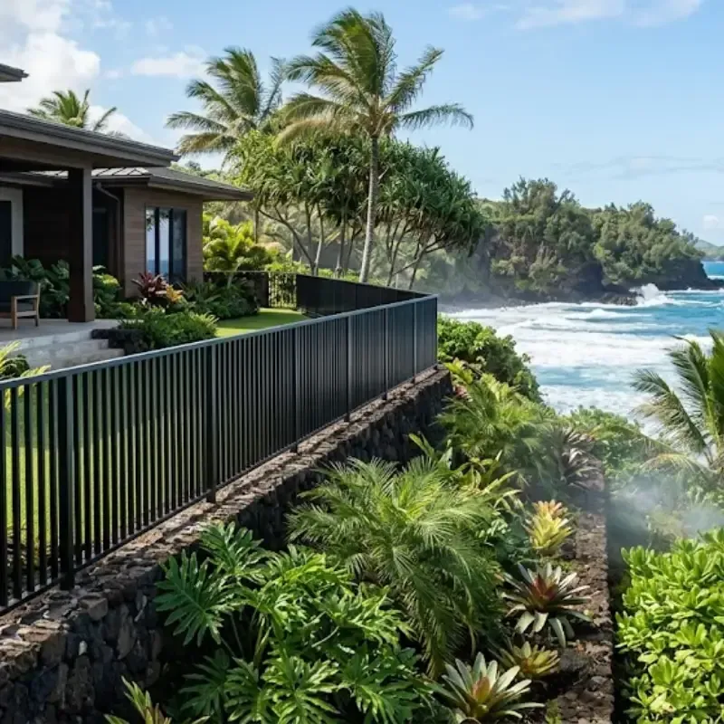 Powder-coated aluminum fence installation on Oahu Hawaii coastal home resisting salt air and UV exposure