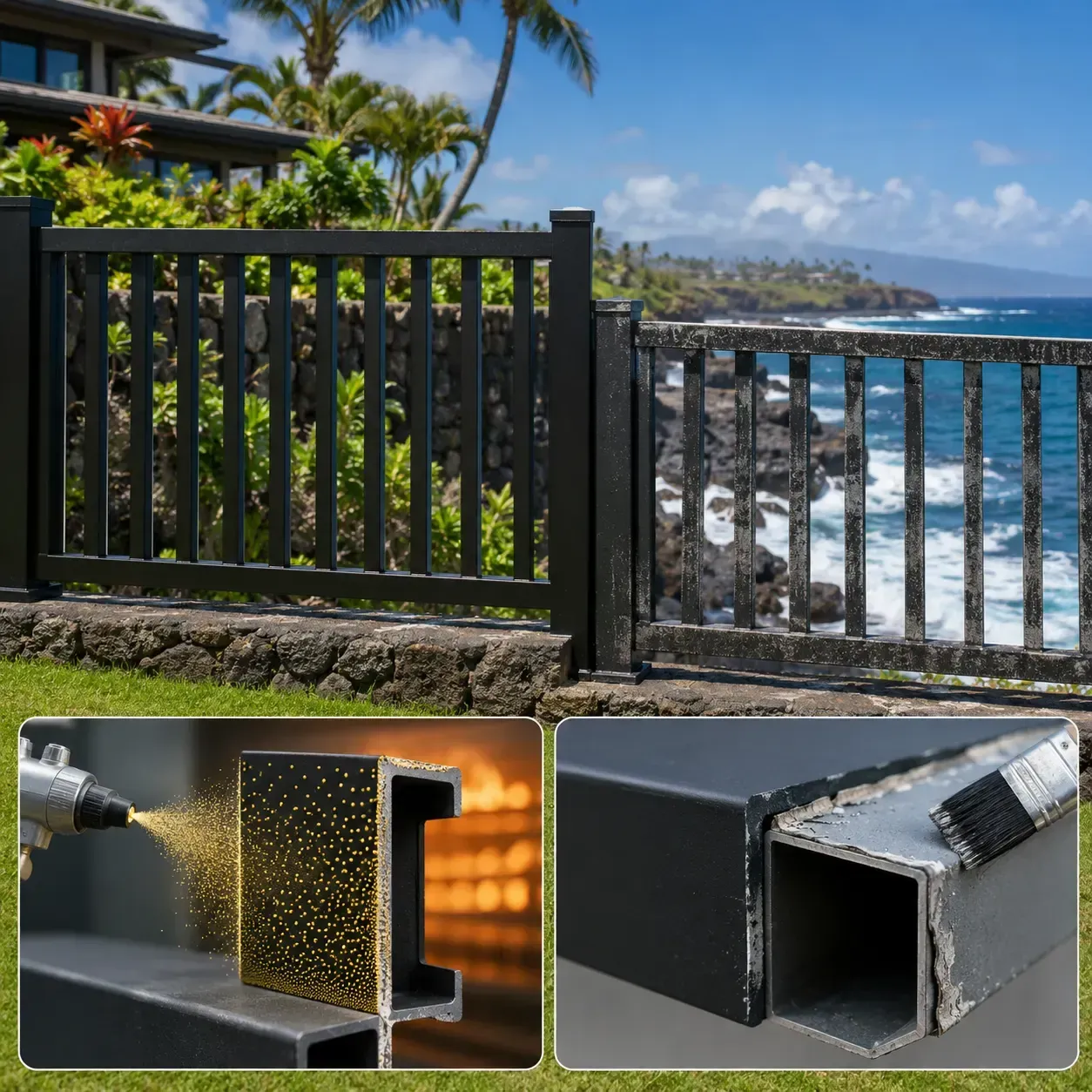 Powder-coated aluminum fence on Hawaii coast