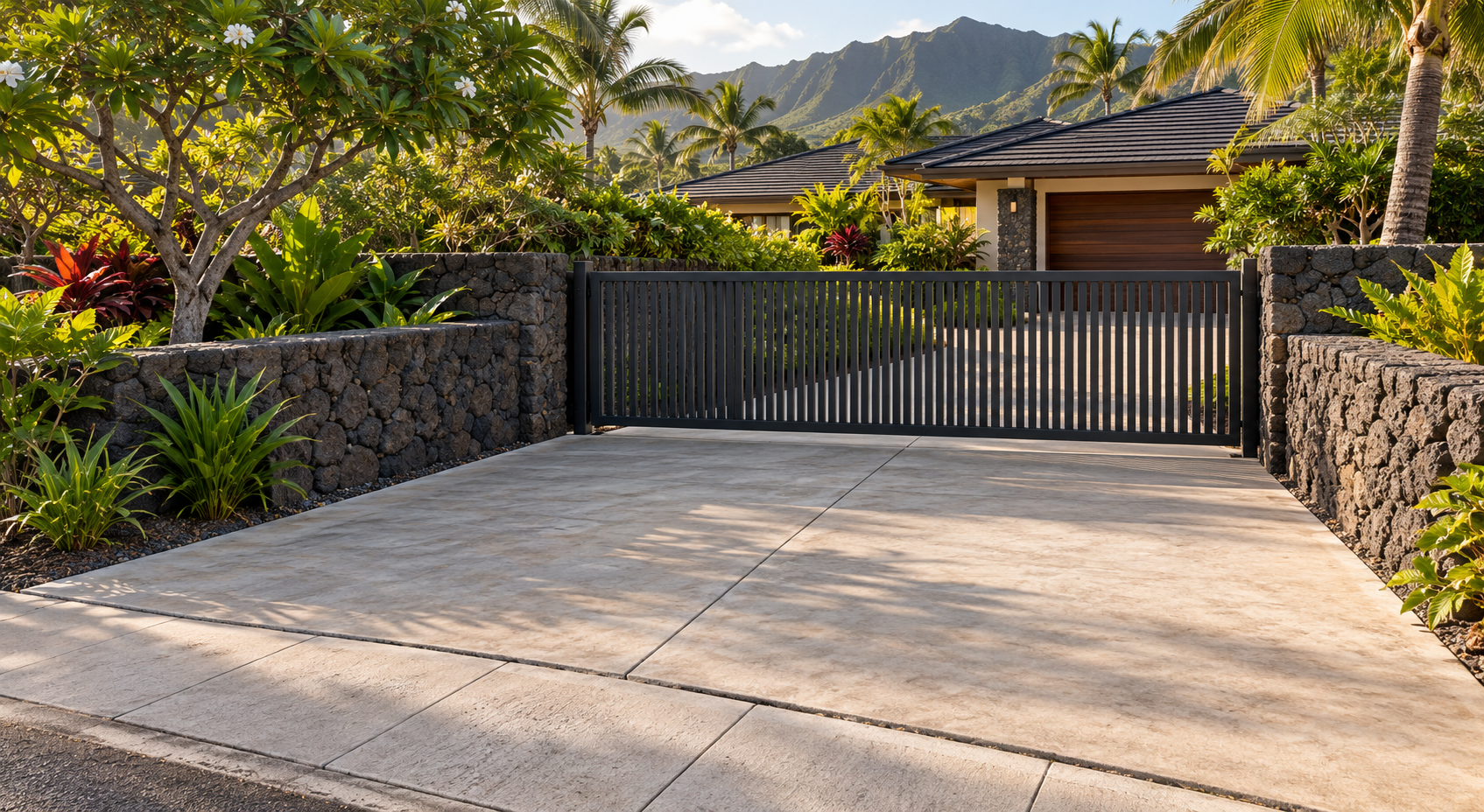 Recessed aluminum driveway gate with a broad concrete approach, lava-rock walls.