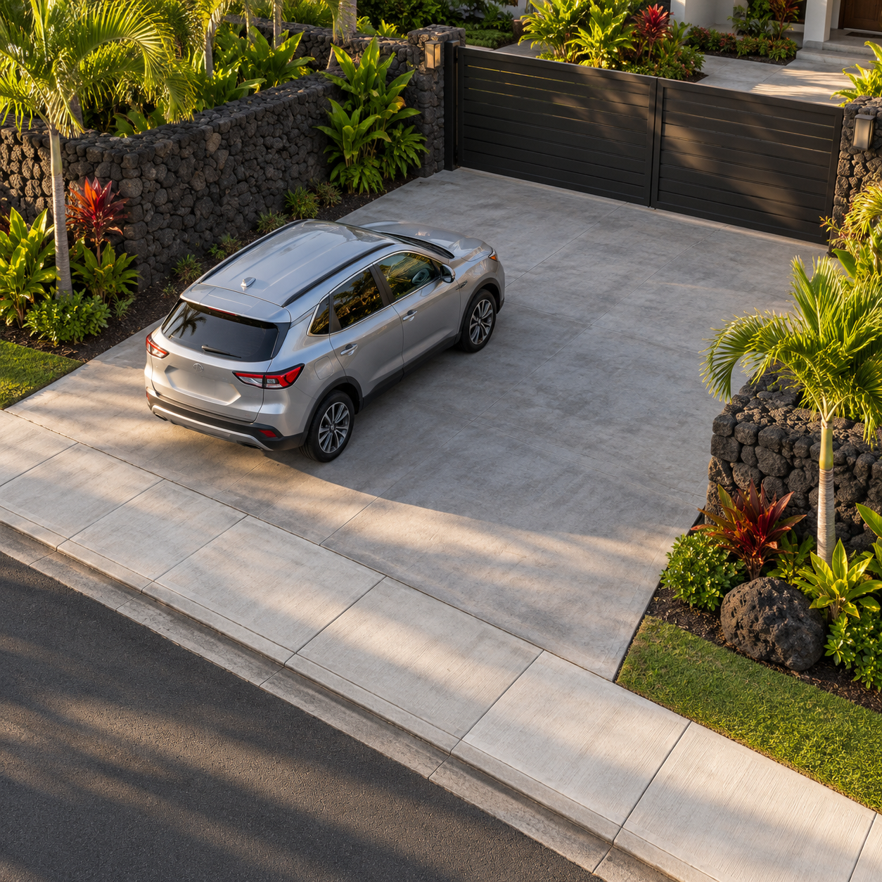 Silver SUV waits on a recessed driveway apron, leaving the sidewalk clear behind it.