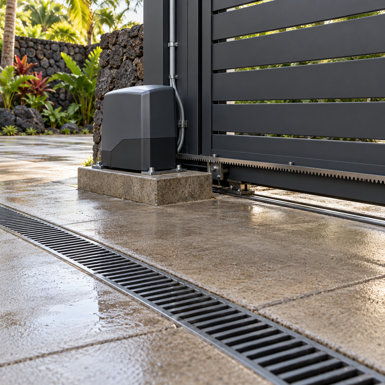 Sliding gate motor on a raised concrete pad beside clear service space and a grated driveway drain.