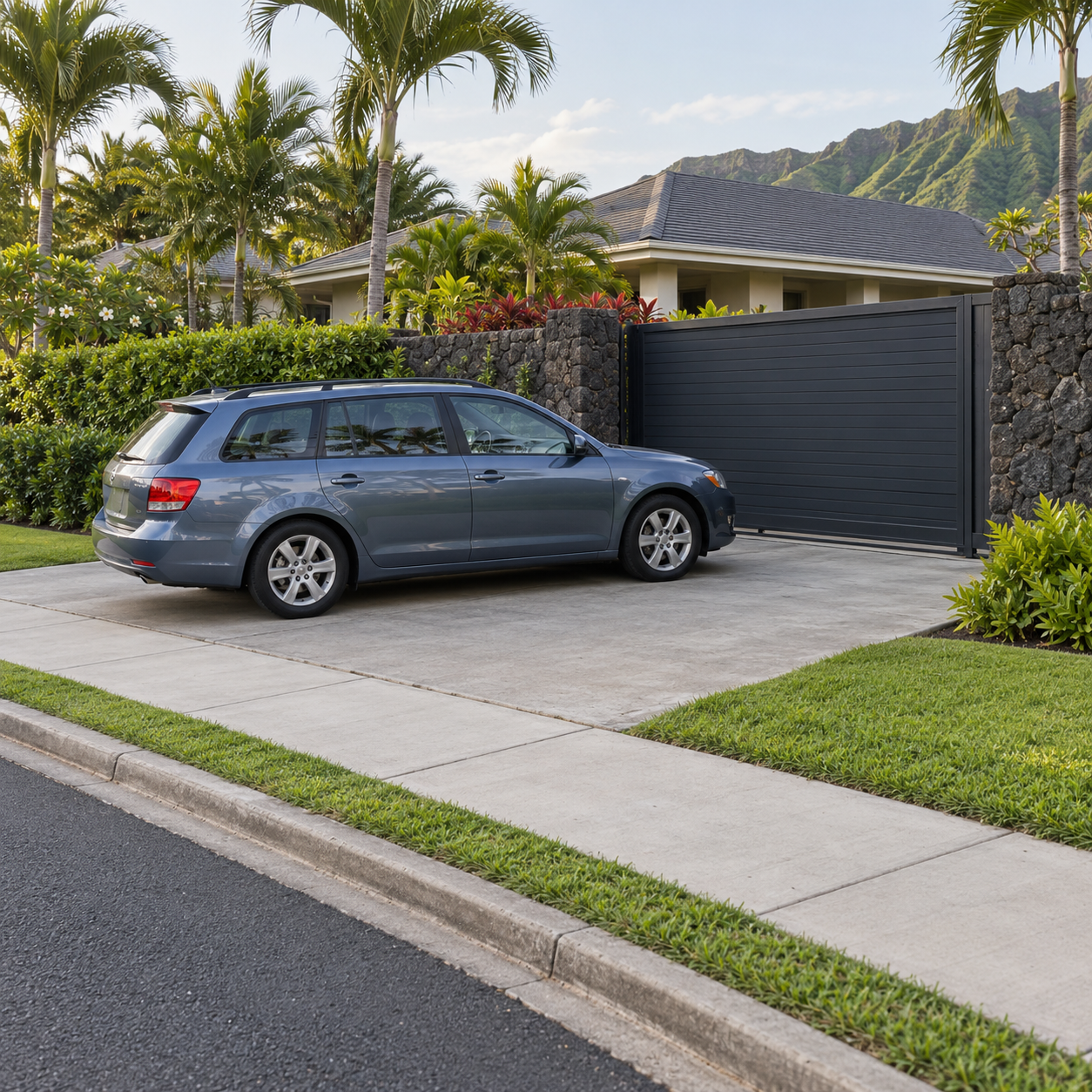 A station wagon waits at a recessed driveway gate while the sidewalk remains clear.
