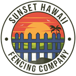 Logo for Sunset Hawaii Fencing Company: a sunset scene behind a blue picket fence, inside a circular frame.