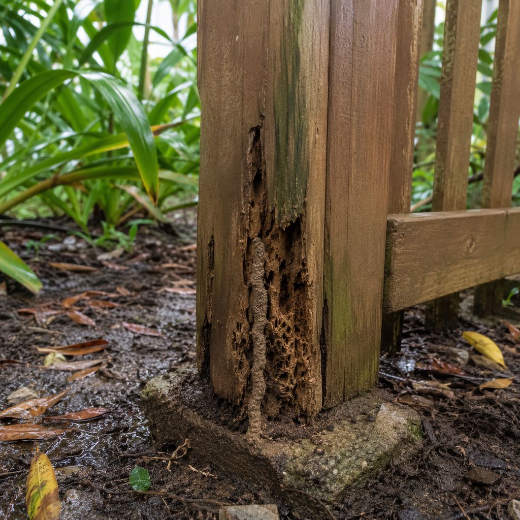Rot and termite galleries weaken the damp base of a wooden fence post in a Hawaii garden.