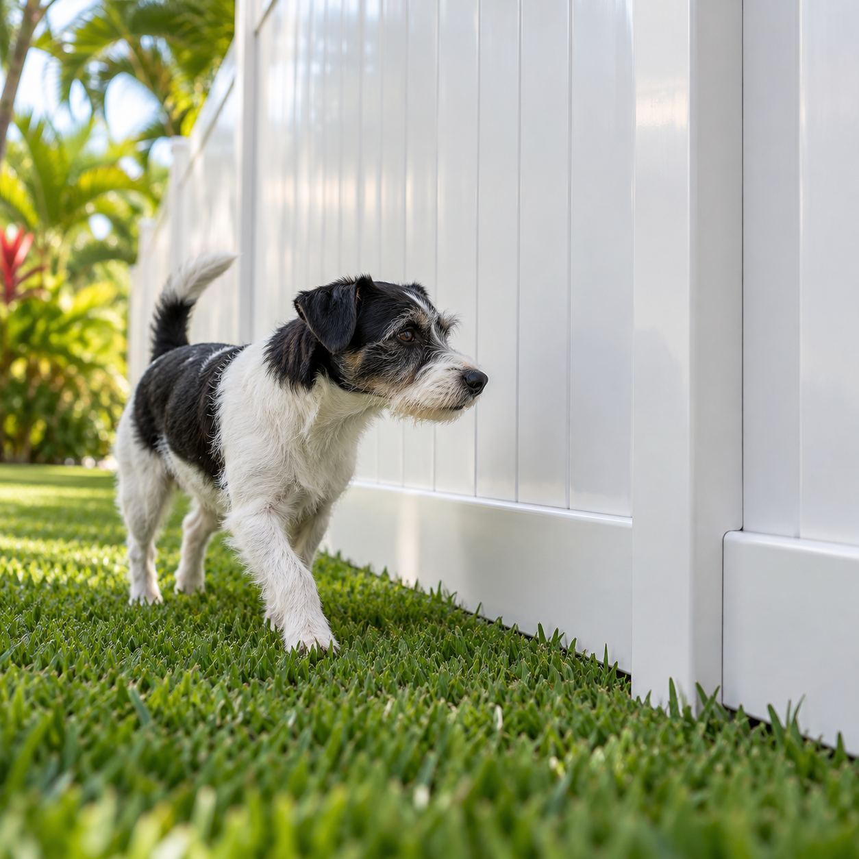 Small terrier beside a smooth vinyl fence with closely fitted panels and little clearance above the lawn.