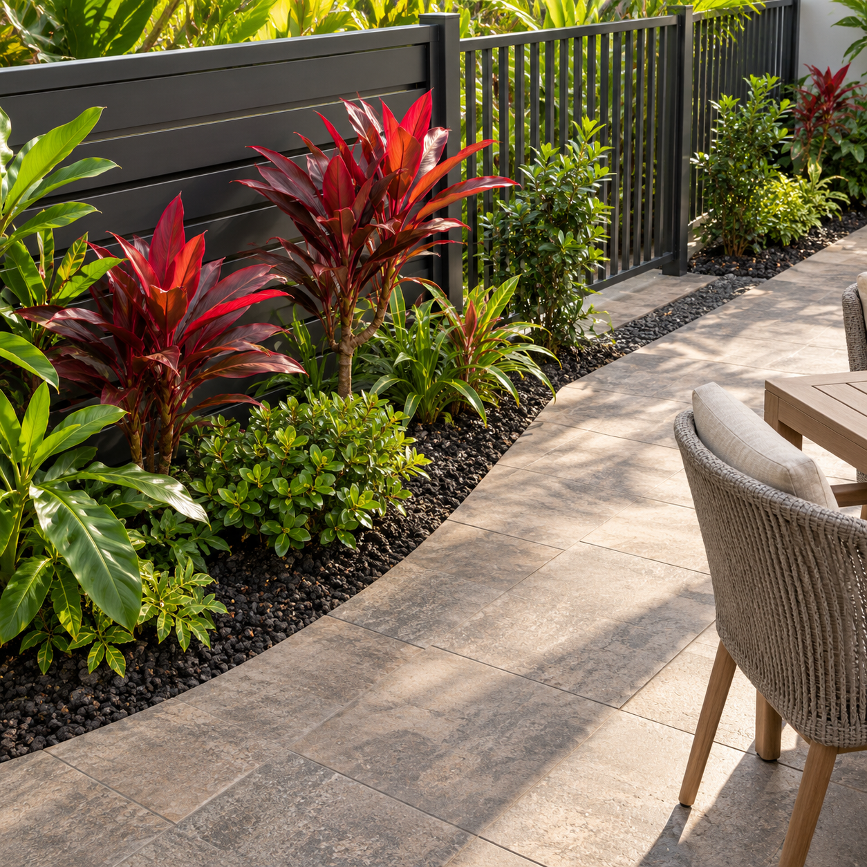 Ti plants and compact shrubs soften aluminum fencing while leaving a clear path behind patio chairs.