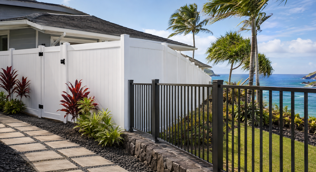 A heavy-duty vinyl privacy fence with reinforced posts at a Hawaii home.