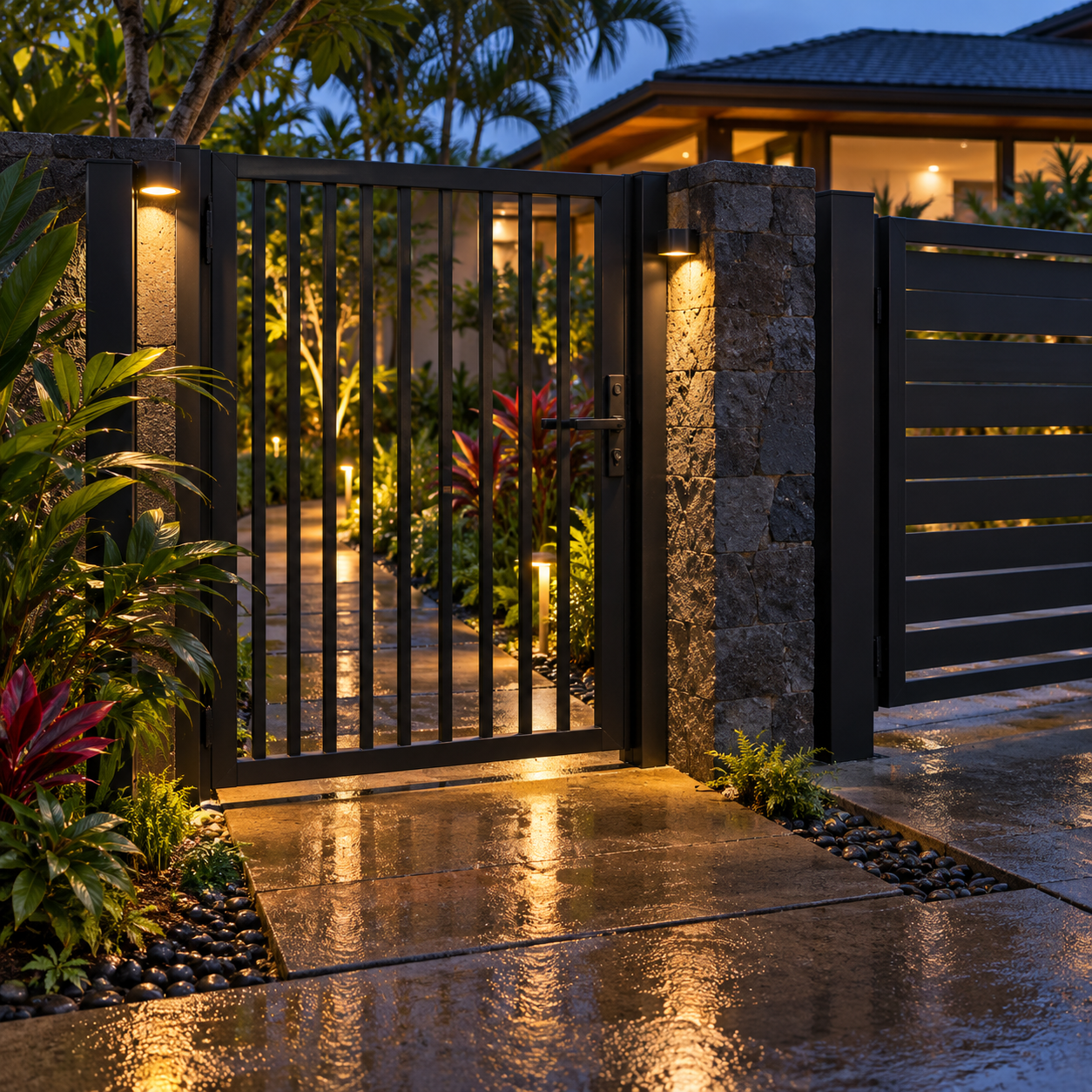 Shielded lights illuminate a separate pedestrian gate and damp walkway at dusk.