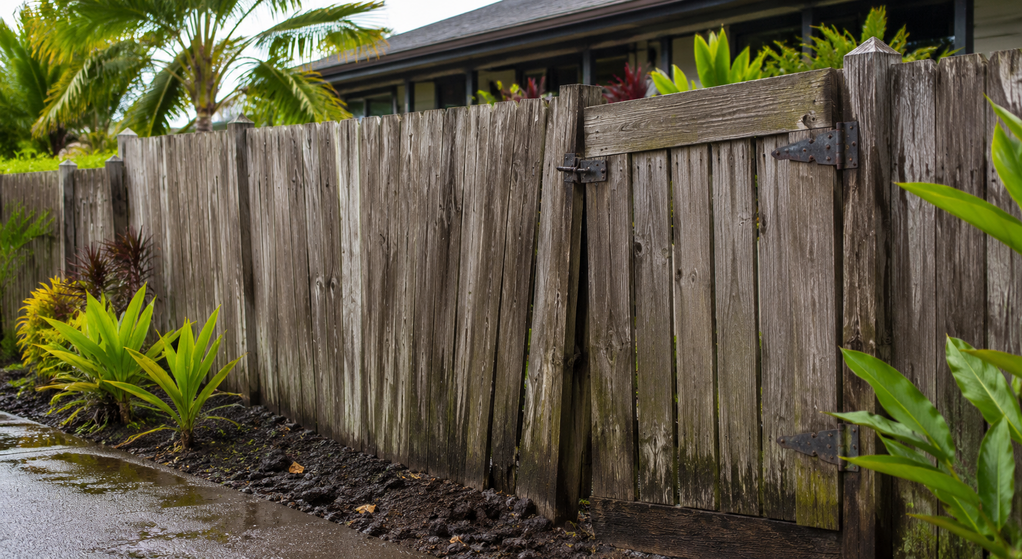 Weathered Hawaii fence with a leaning section, sagging gate, and widening gaps after rain