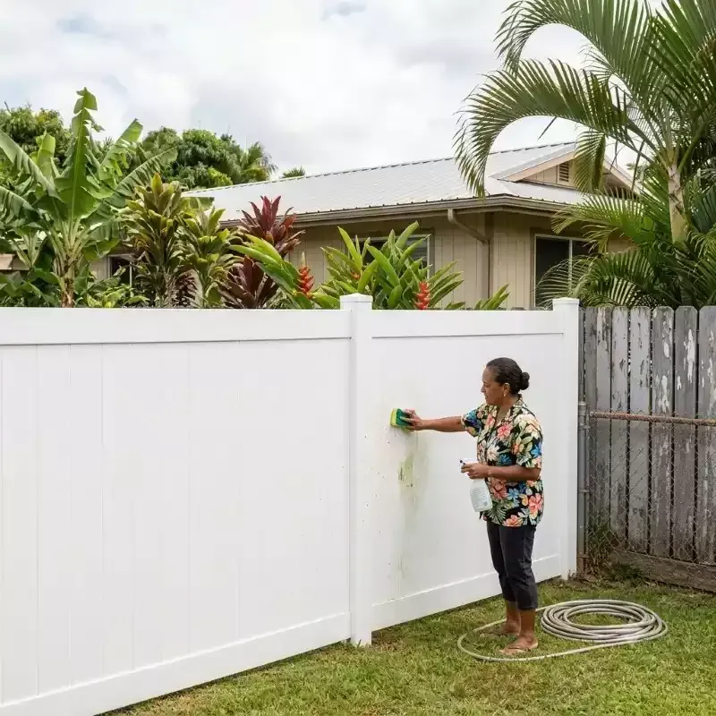 Woman cleaning vinyl fence in hawaii backyard