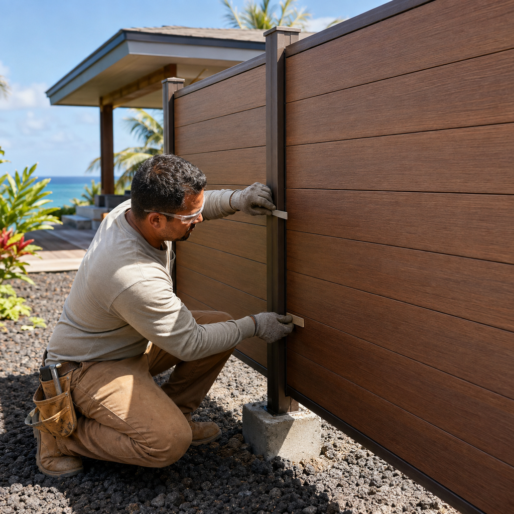 A worker checks a wood-look composite fence panel at a coastal Hawaii property.