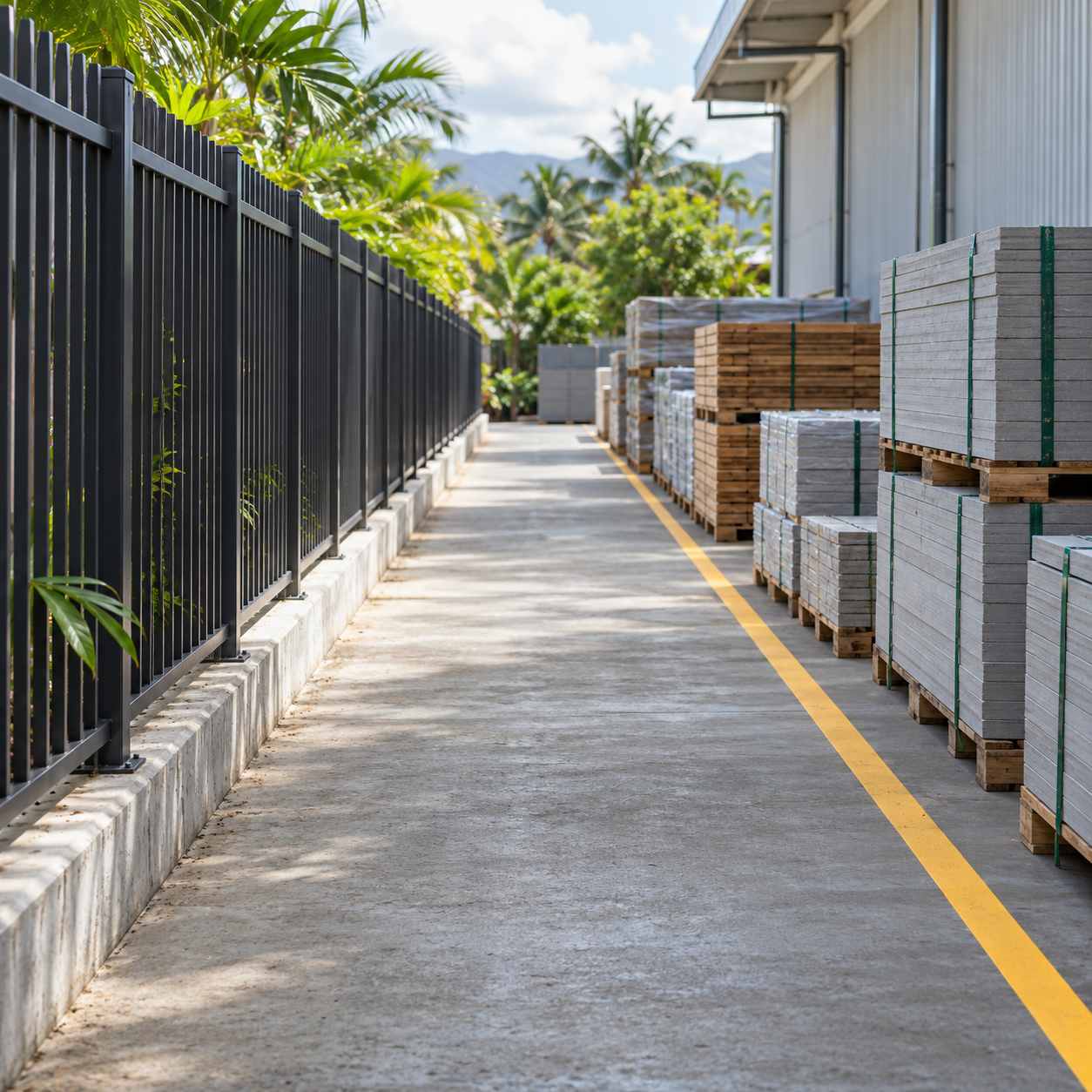 Palletized materials sit behind a yellow storage line, leaving a clear corridor beside the perimeter fence.