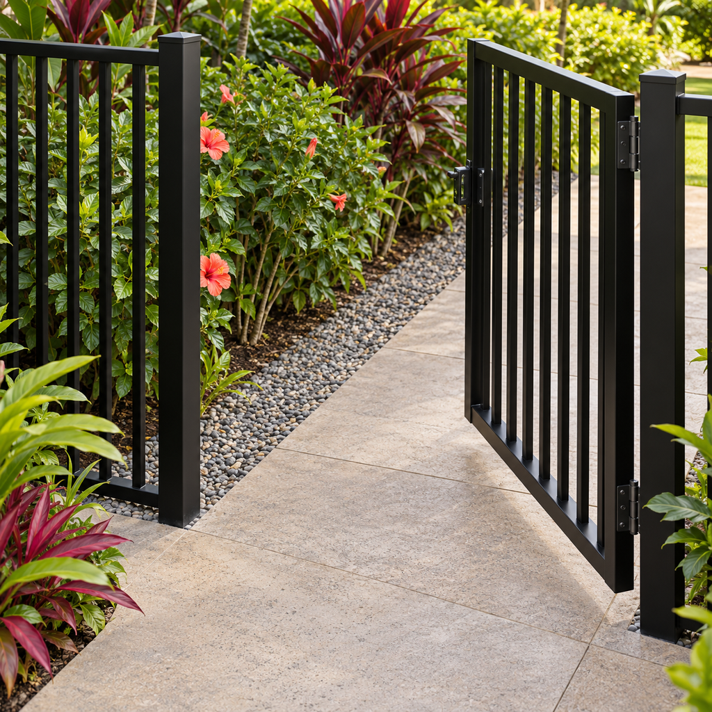 An open metal garden gate has a clear paved swing area beside tropical shrubs and a gravel border.