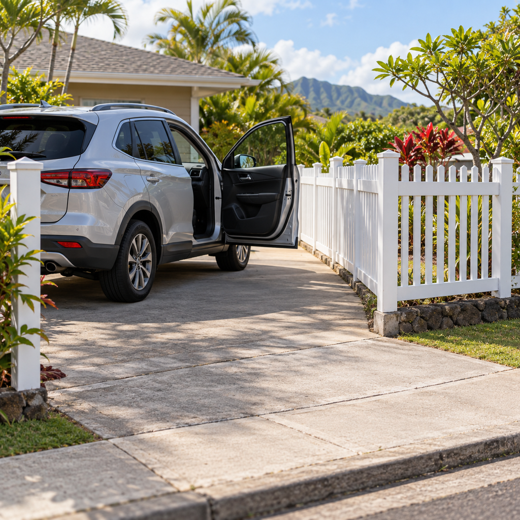 A parked SUV has room for an open door beside a white picket fence near the driveway entrance.
