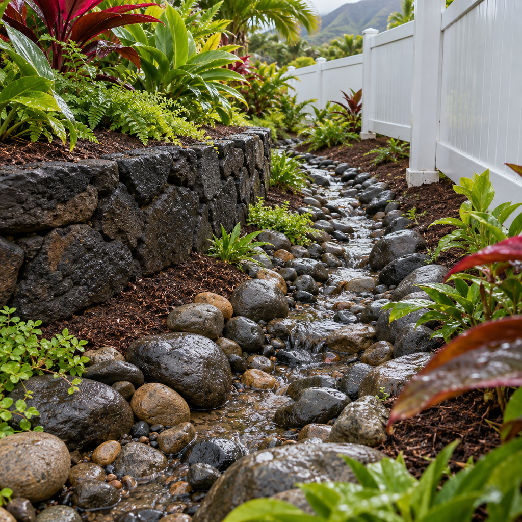 A stone-lined drainage channel runs between a vinyl fence and a separate lava-rock retaining wall.