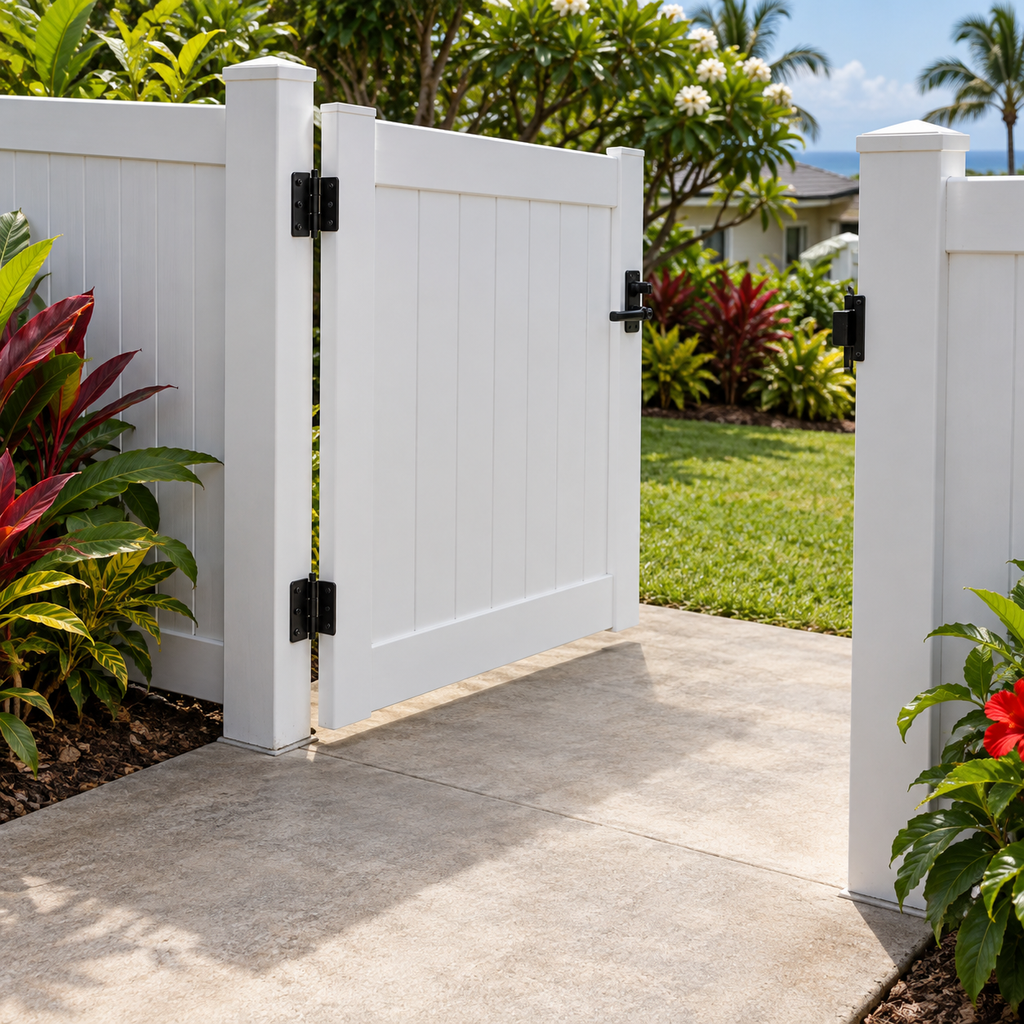 A white vinyl gate swings open with clearance above a level concrete landing in a tropical garden.