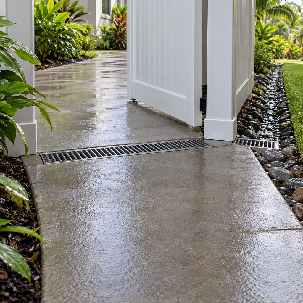 A grated drain crosses a wet concrete walkway beside an open vinyl gate and a stone-lined drainage channel.