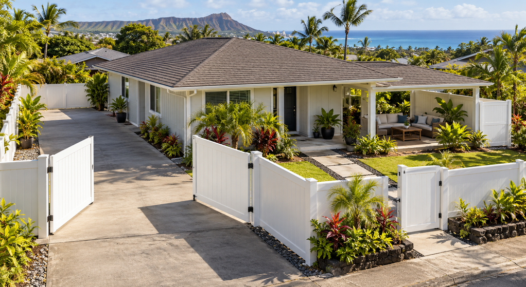 White vinyl fencing separates driveway access, a pedestrian entrance, and a shaded lanai at an Oahu
