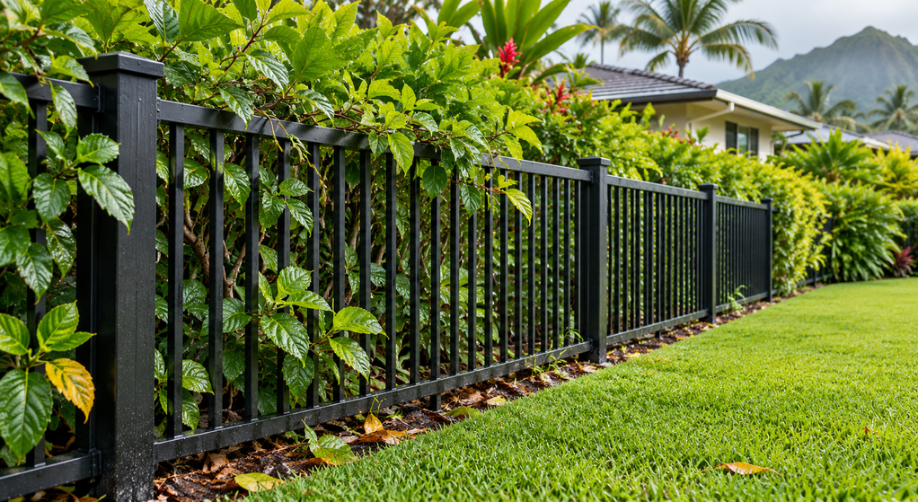 Dense tropical foliage presses against a black metal fence, with fallen leaves along its base.