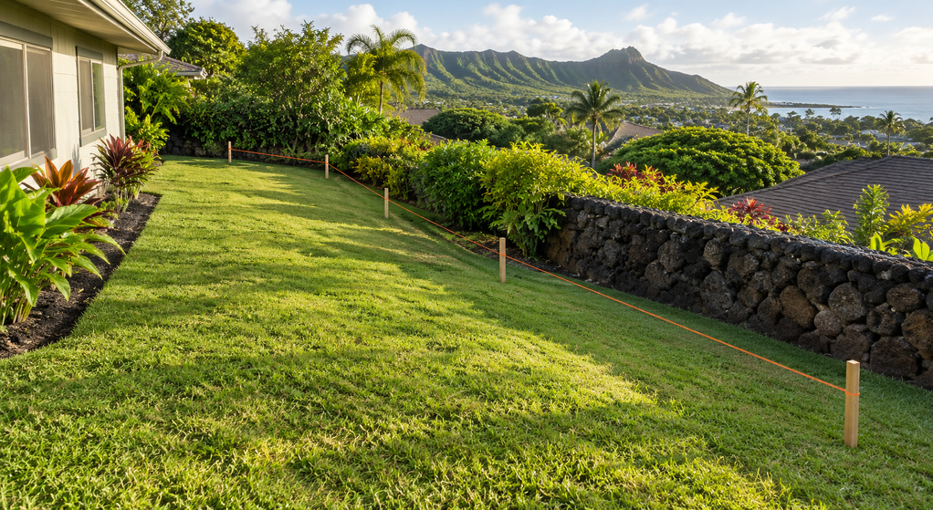 Wooden stakes and orange string mark a proposed fence route across a sloping Hawaii yard.
