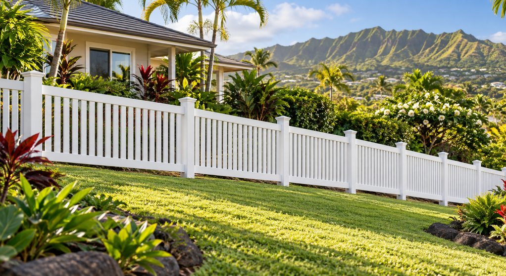 White vinyl fencing follows a grassy slope beside a Hawaii home with tropical landscaping.