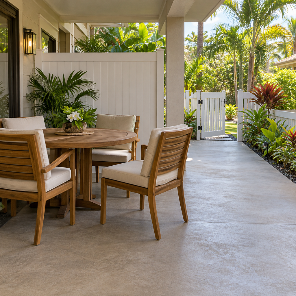 A clear walkway passes lanai dining chairs toward a pedestrian gate, with a privacy panel screening one side.