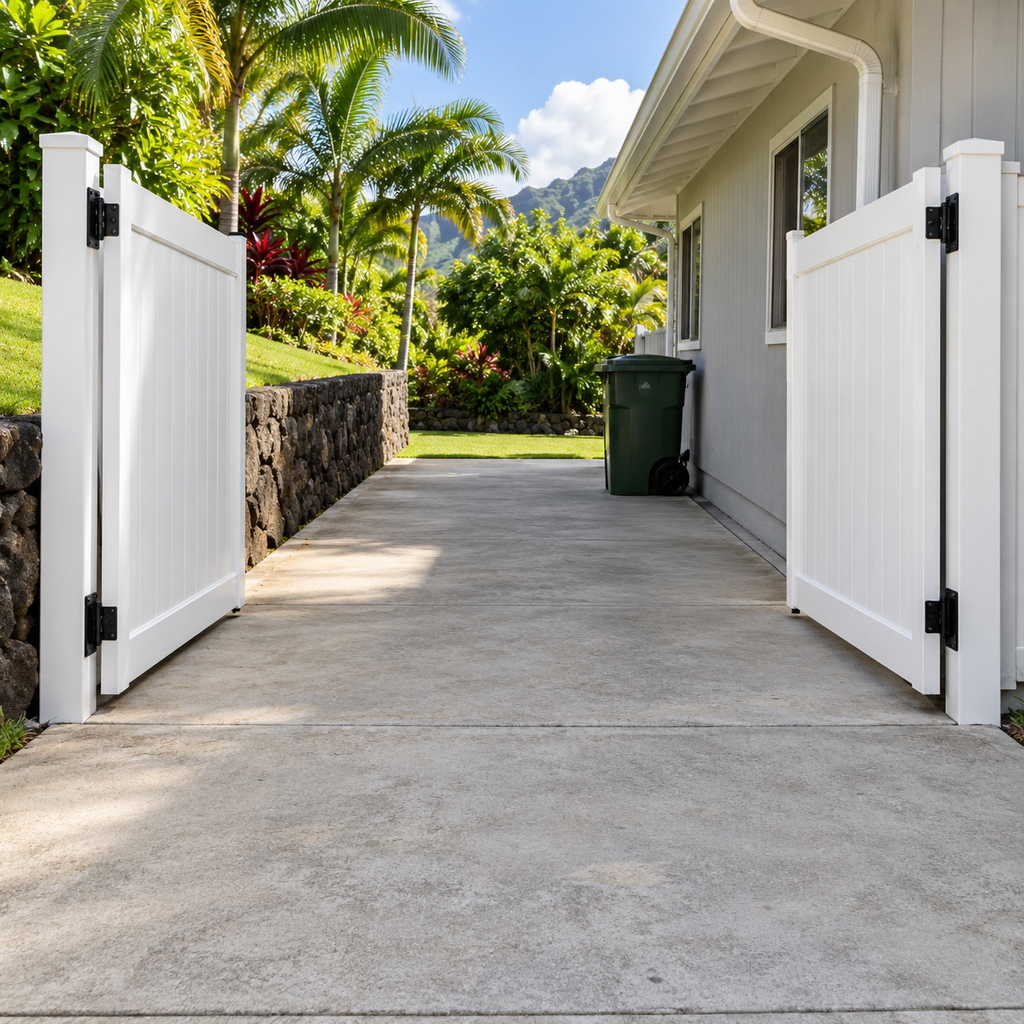 Open double vinyl gates provide a wide, level concrete passage beside a home and raised lawn.