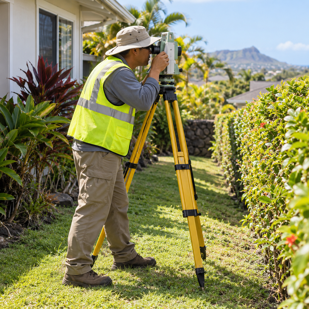A surveyor uses a tripod-mounted surveying instrument in a grassy side yard beside a Hawaii home.