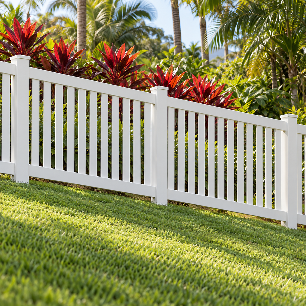 Racked white vinyl fence panels follow a grassy incline while the posts and pickets remain upright.