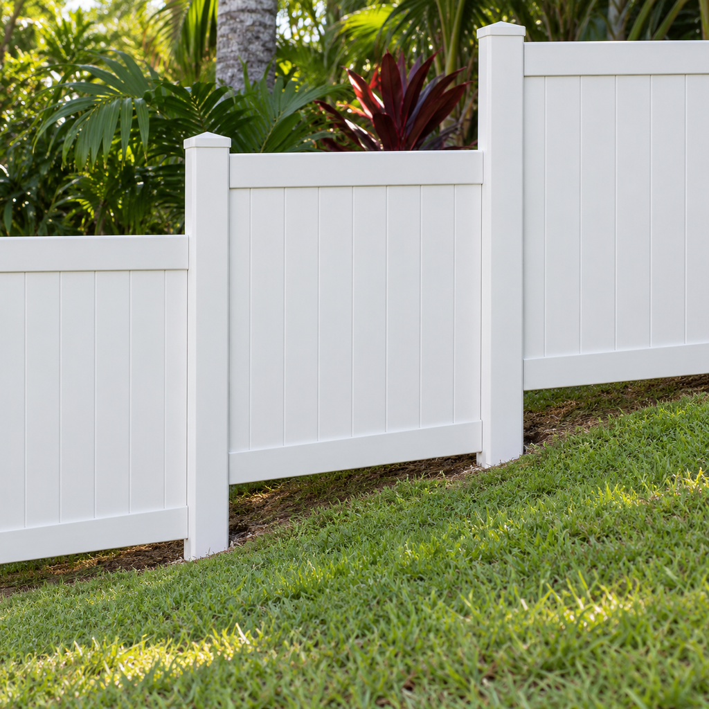 Stepped white vinyl privacy panels leave small clearances above a grassy incline.