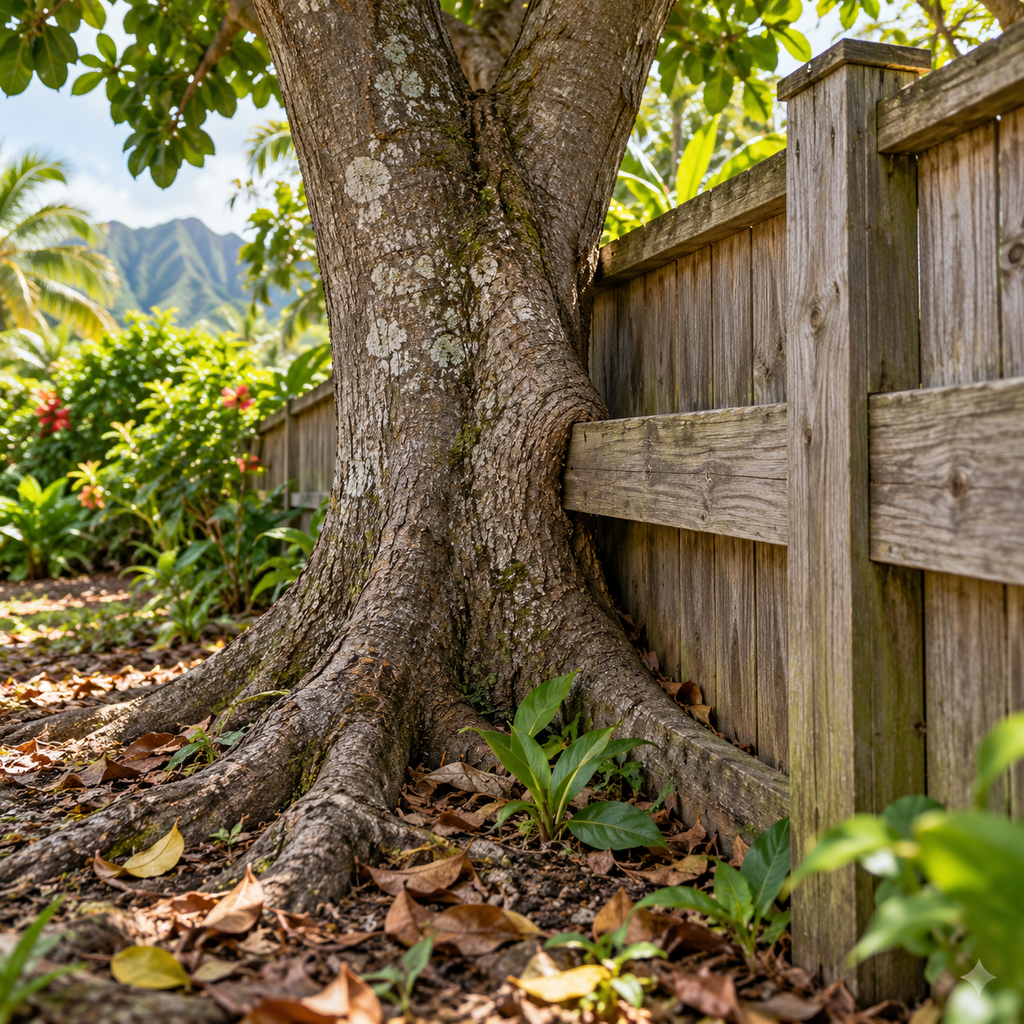 A mature tree trunk crowds a wooden fence rail, with exposed roots spreading beside the fence.