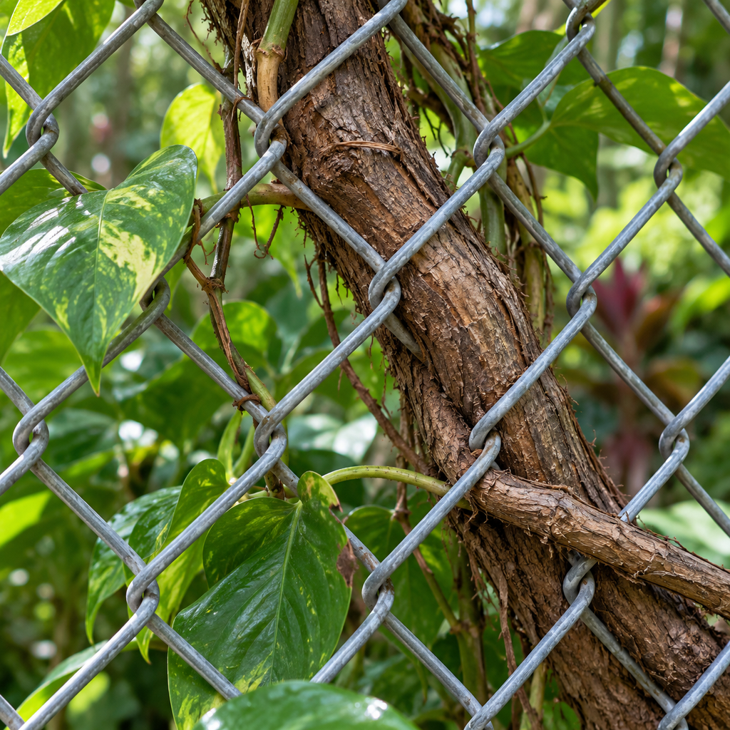 A thick woody vine presses through chain-link mesh amid green tropical leaves.