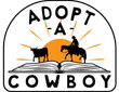Adopt-a-Cowboy logo with black cowboy silhouettes on an open book and orange sunset backdrop