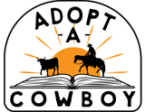 Adopt-a-Cowboy logo with black cowboy silhouettes on an open book and orange sunset backdrop