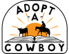 Adopt-a-Cowboy logo with black cowboy silhouettes on an open book and orange sunset backdrop