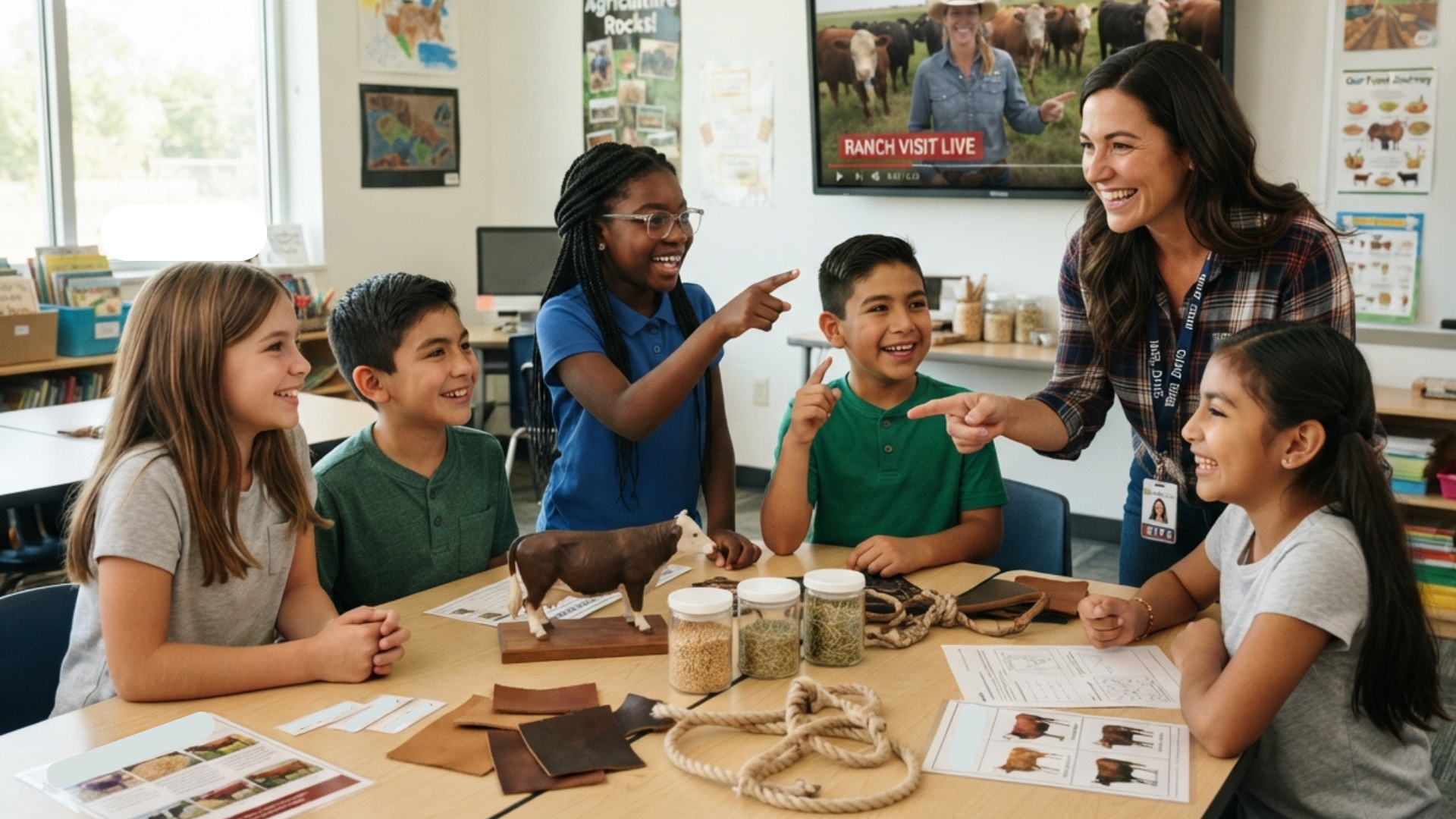 Students and a teacher gather around a table, building and discussing a science project in a classroom.