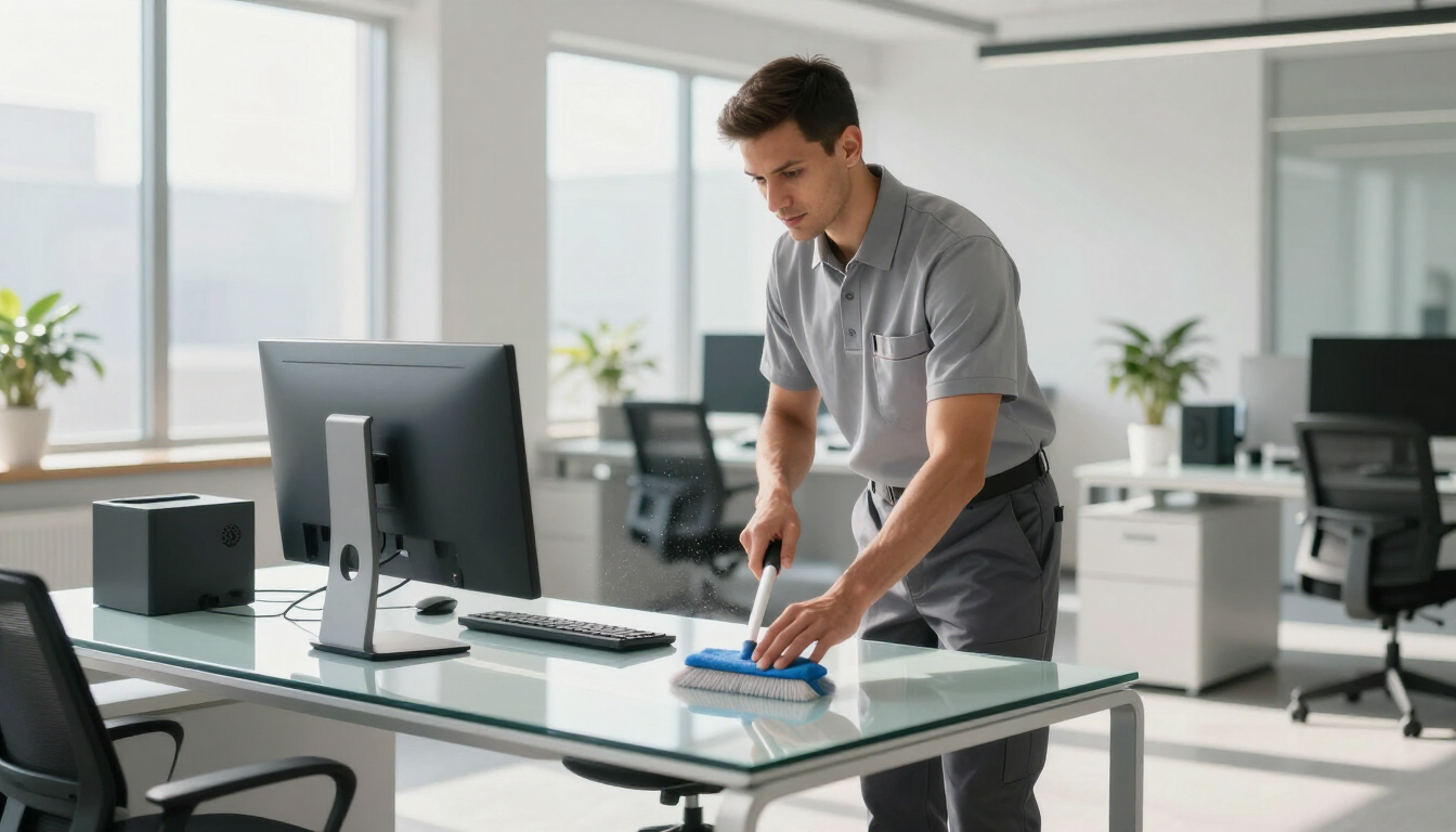 Janitor cleaning office desk